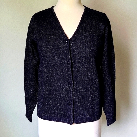 V- Neck Sparkle Black Button Down Sweater by Amanda Smith (Large) - Picture 1 of 10